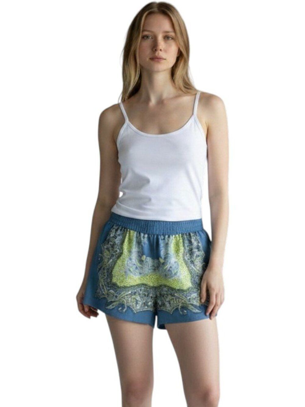 BCBGMaxAzria Cullen Scarf Print Shorts Elastic Waist Pockets Blue Lemongrass M